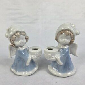 TWO Vintage Ceramic Candle Holders Blue & White Angels Colonial Candle